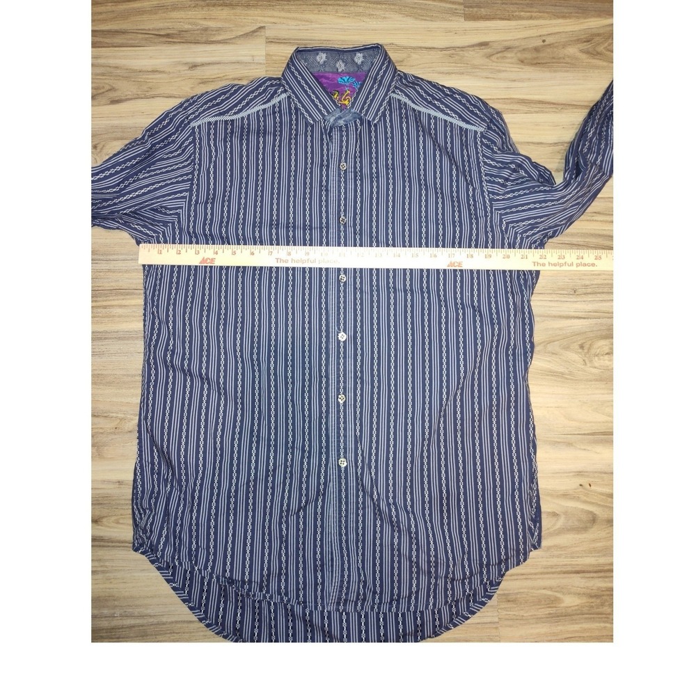 Robert Graham Mens Blue White Striped Button Down Shirt Purple Cuffs Size XL - Picture 9 of 12